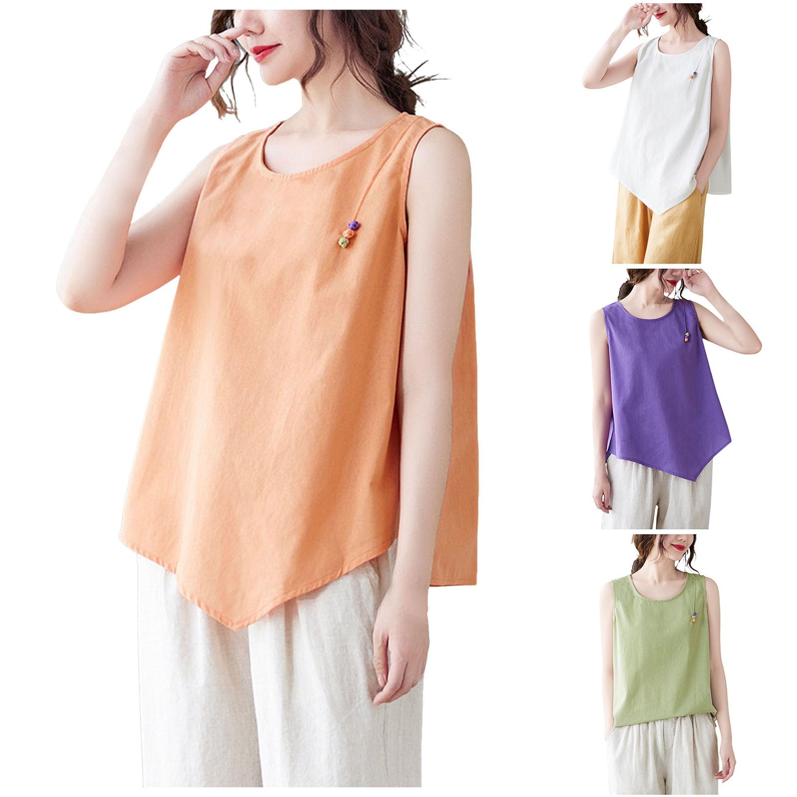 リネン風 タンクトップ レディース ボヘミアン ヴィンテージ カラーボタン アウター インナー 春夏秋 大きいサイズ 袖なし 無地 ノースリーブ キャミソール おしゃれ 着痩せ 森ガール カジュアル 上着 体型カバー 女性 綿麻 トップス
