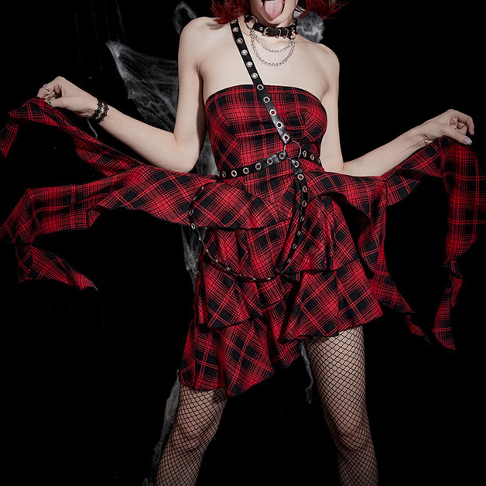 レディース ゴシックドレス チェック トレンディ 辣妹風 トップドレス 通勤 ワンピース 地雷系 お姫様 可愛い おしゃれ 仮装 衣装 魔女 吸血鬼 小悪魔 大人 パーティー イベント 森ガール コスチューム 舞台衣装 ライブ 撮影
