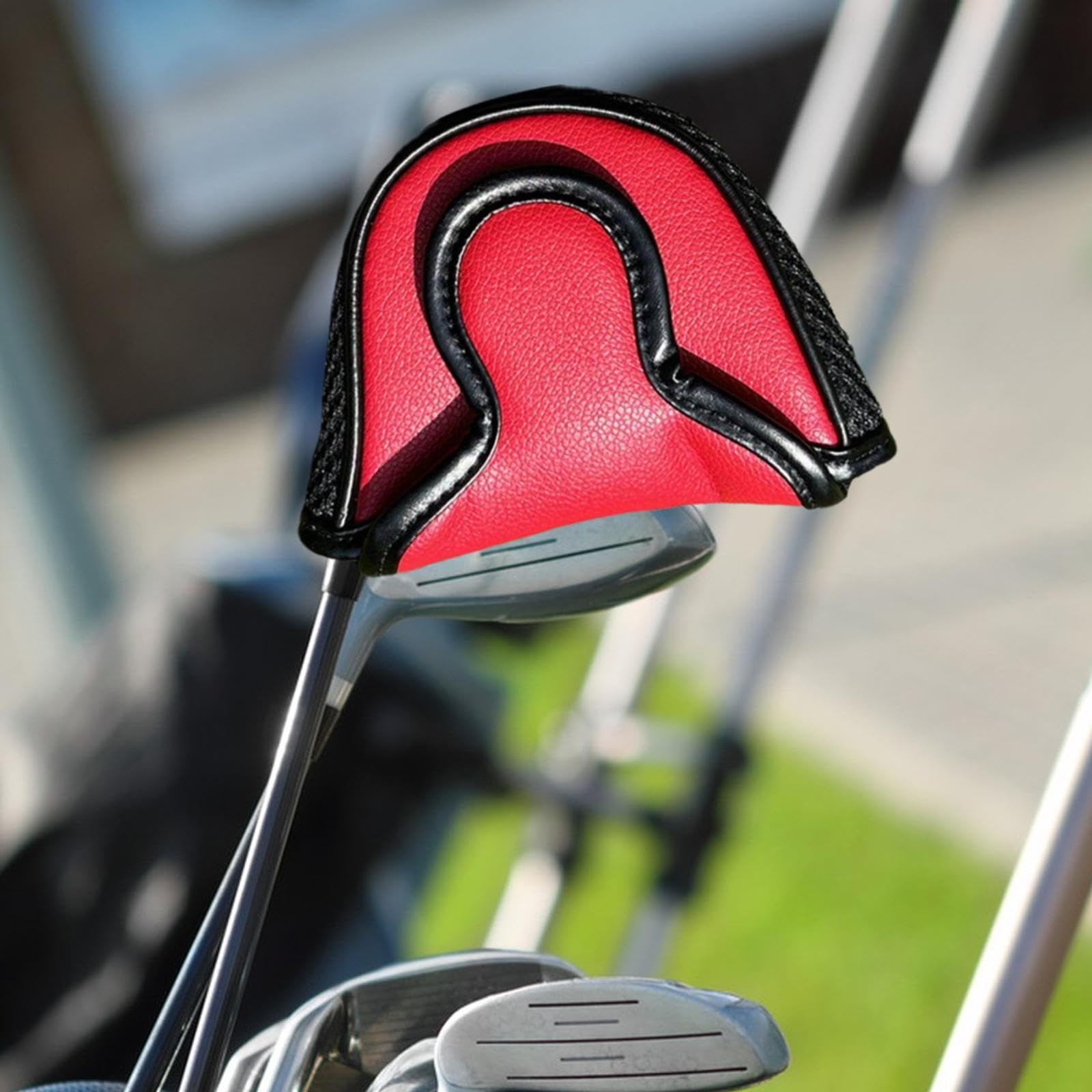 ゴルフパターヘッドカバー PUレザー製 マレット型 15cmx11cm ブラック ヘッドカバーとの互換性あり (赤)