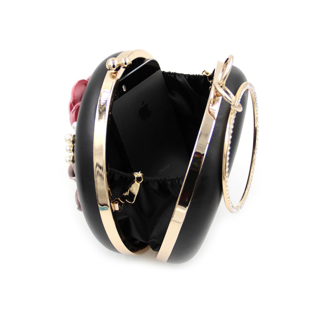 [] ラウンドクラッチバッグ 黒 – 花柄パールデザインでエレガントな装いに、ウェディングやイブニングパーティーに最適