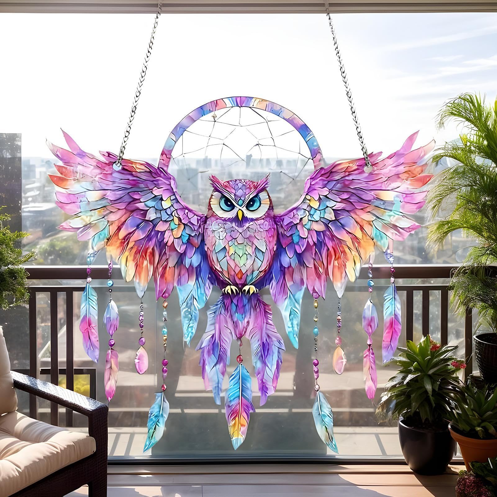フクロウウィンドウサンキャッチャー-2Dアクリルフクロウの装飾、ハンギングオーナメント|カラフルな翼..