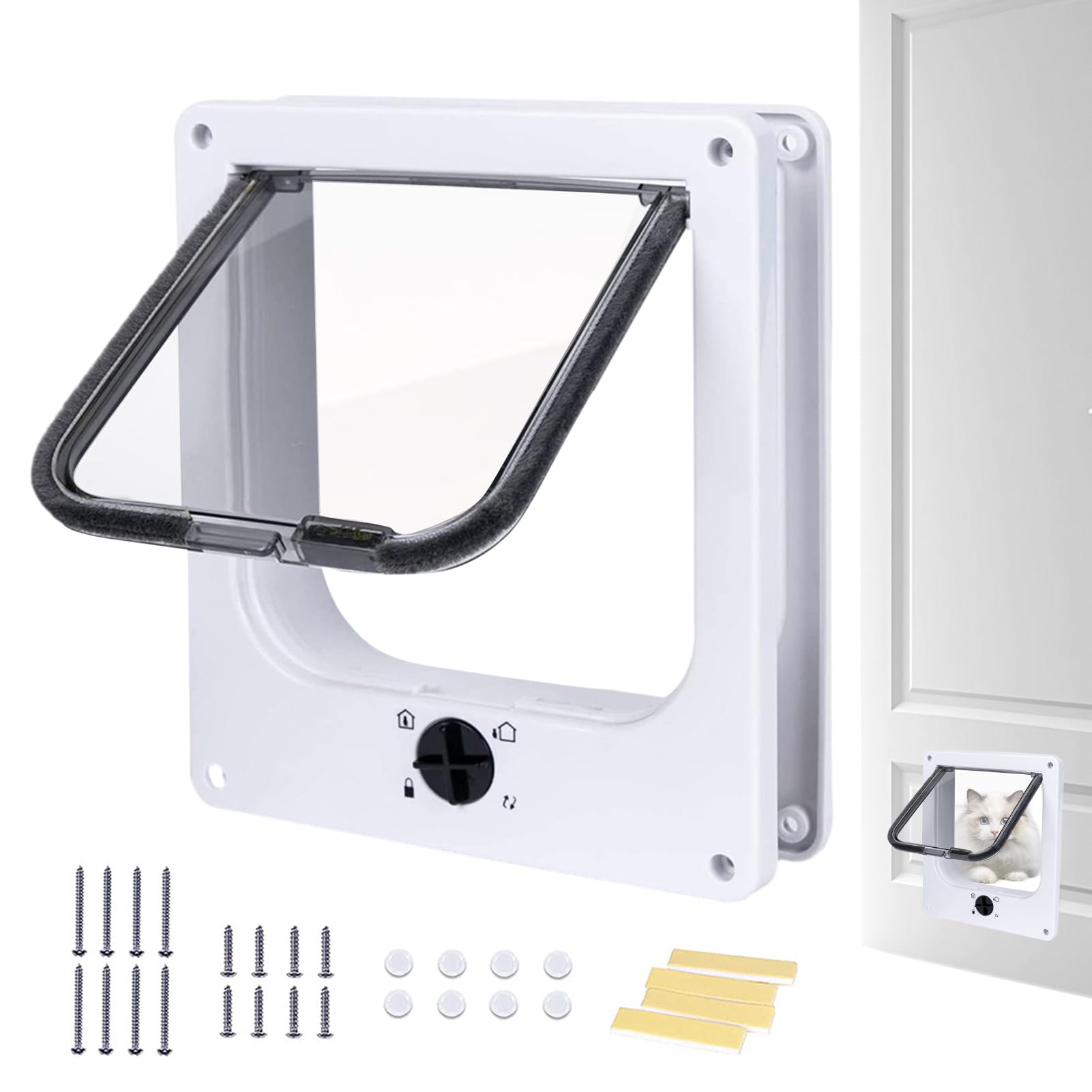 フラップ付きの猫のドア - 調整可 能なペットドア、4ウェイロックフラップ|猫や小型犬用のペットアクセ..