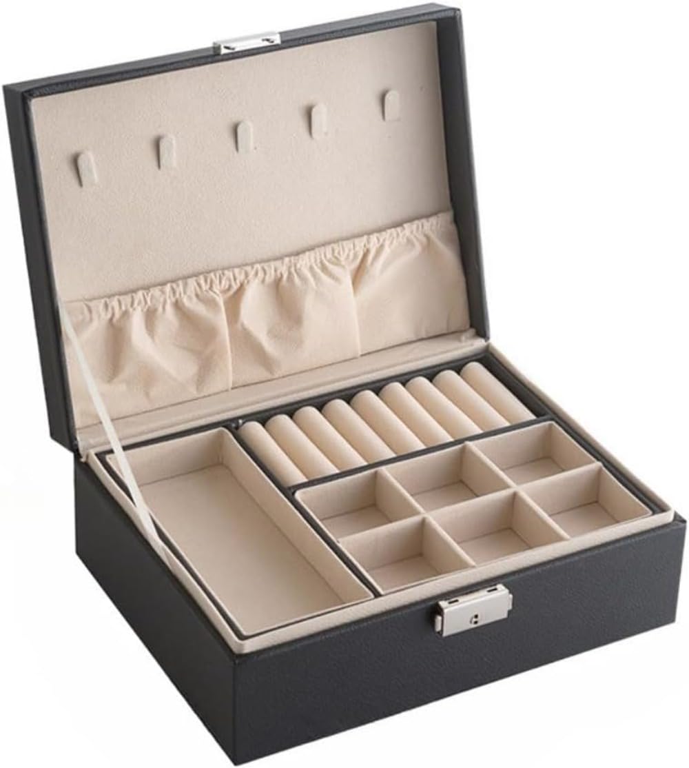 2 層ジュエリーボックス ブラック 鍵付き 指輪・ネックレス収納専用 アクセサリー・小物整理ケース 宝..