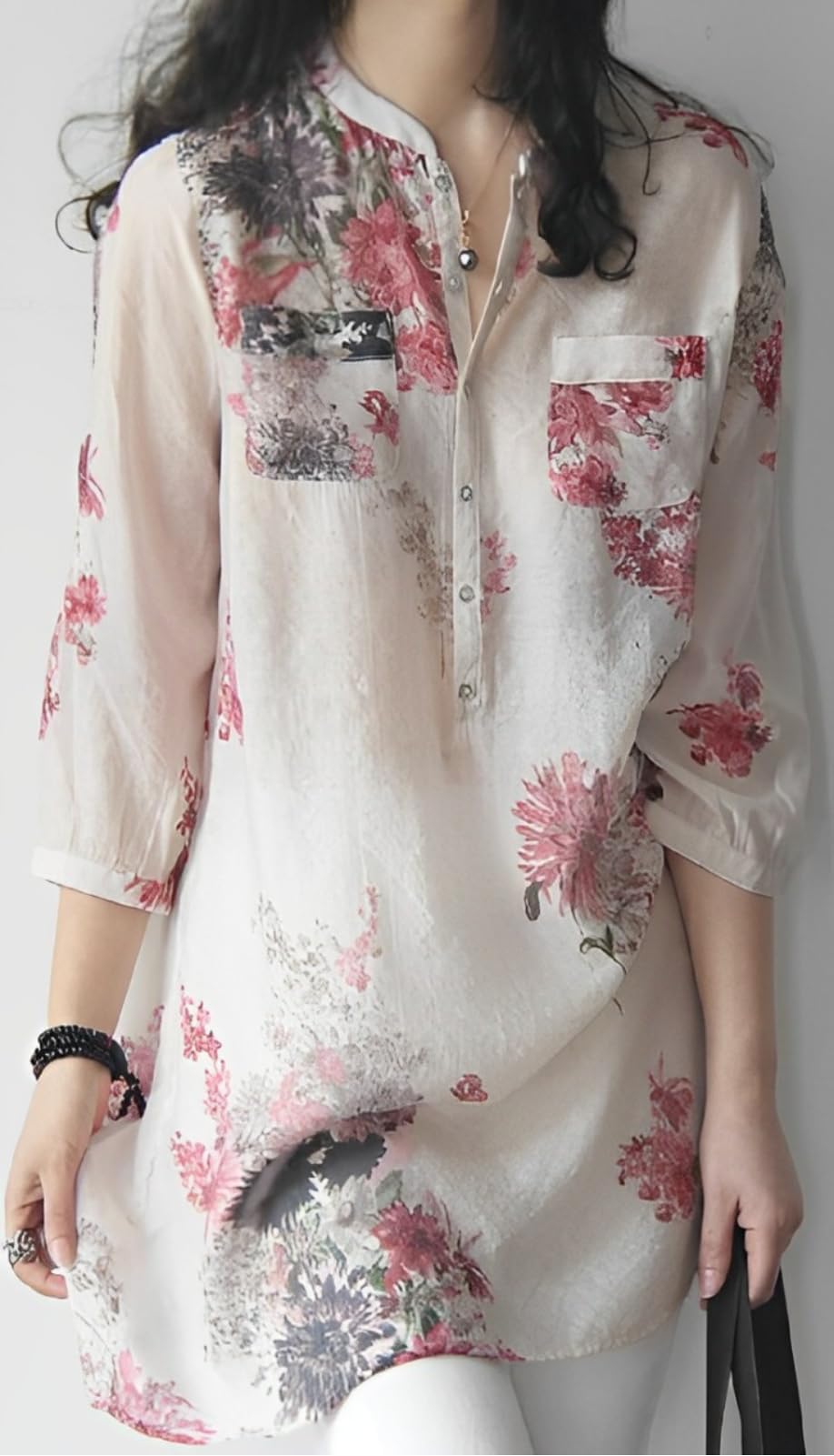 きれいめ 花柄 7分袖 プルオーバー チュニック 大人可愛い お洒落 トップス レディース