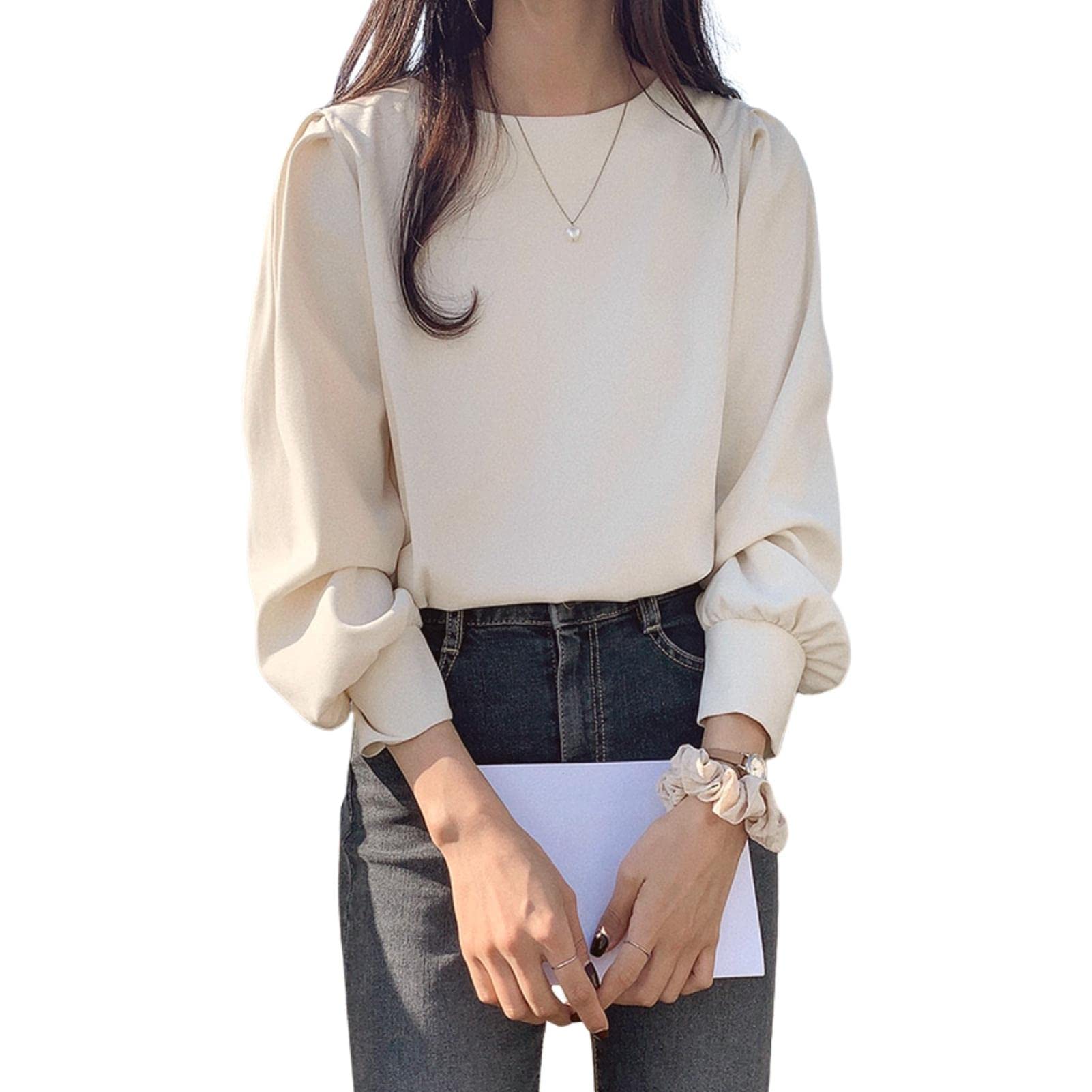 メメエクストラ ブラウス レディース シャツ 長袖 秋 オフィス おしゃれ 長袖tシャツ パフスリーブ 薄手 丸襟 襟なし 綿 可愛い ゆったり 秋物 トップス キレイめ 無地 透けない カットソー カジュアル 通勤 大人 オフィス