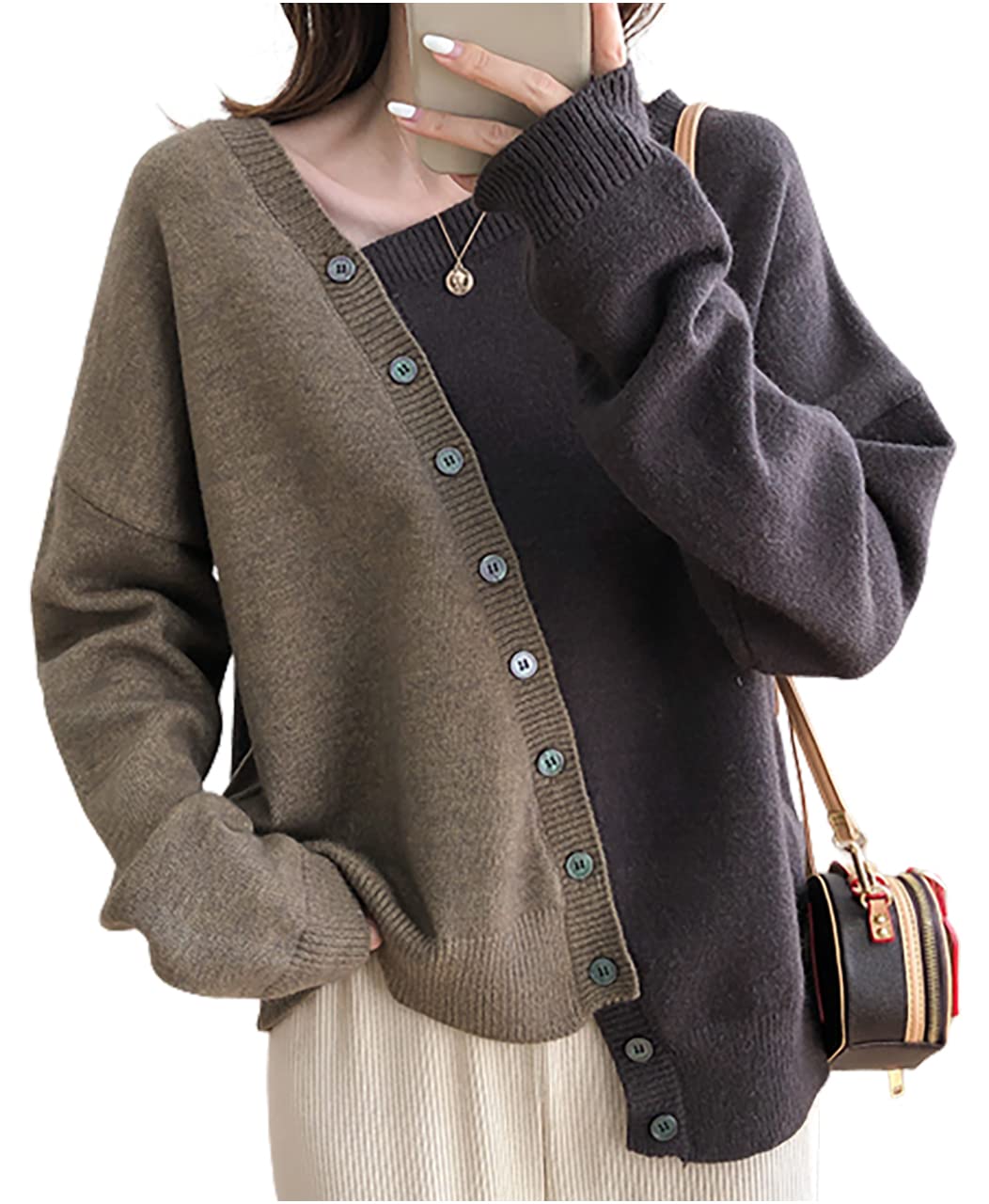長袖 ニット カーディガン アシンメトリー ボタン デザイン トップス エレガント フォーマル 春 秋 冬 レディース