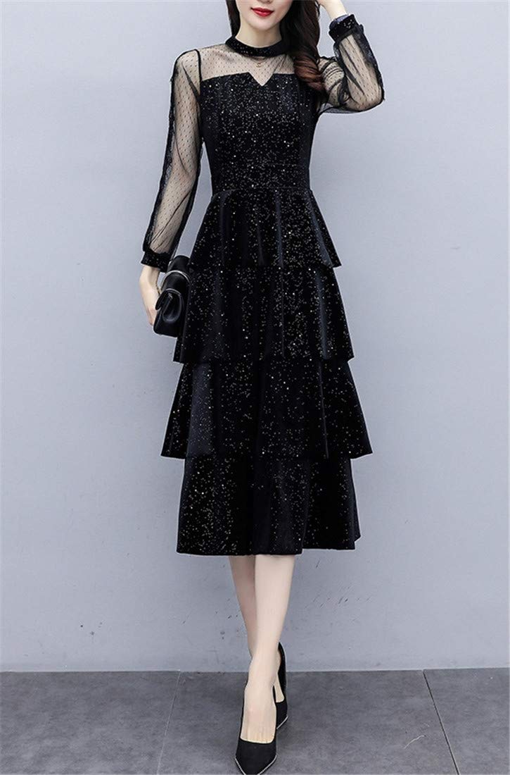 レディース ワンピース ドレス 長袖 ベルベット 小さな黒いドレス S-2XL