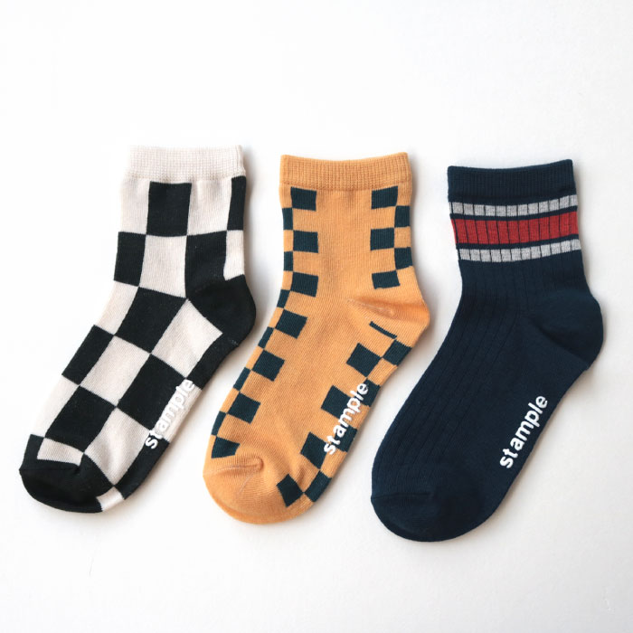 【最強配送店】stample スタンプル　ショート チェッカー ショートソックス 3足組 子供 こども キッズ 靴下 レディース 男の子 女の子 ソックス 靴下 キッズ くつ下 子供服 通園 通学 シンプル 履きやすい 脱ぎやすい 滑り止め 無地 グリーン ライン 72982 シンプル 春 夏