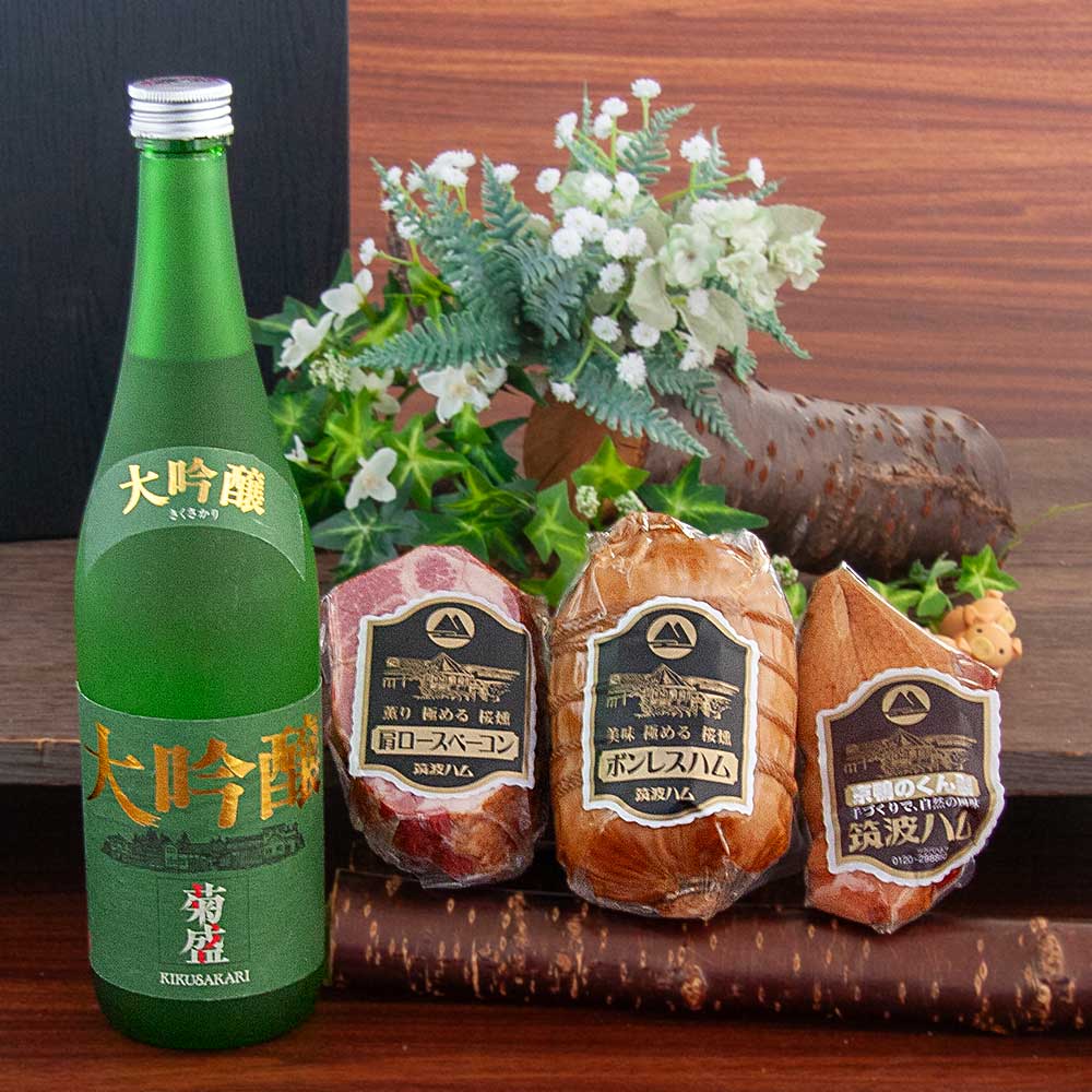 大吟醸 ギフトセット かがやき 送料無料 筑波ハム 木内酒造 菊盛 お酒 大吟醸 おつまみ ギフト ハム 鴨のくん製 ベーコン 詰め合わせ 贈り物 プレゼント 御祝 お土産 御礼 感謝 気持ち 2024 グルメ お肉 お歳暮 クリスマス 冬ギフト