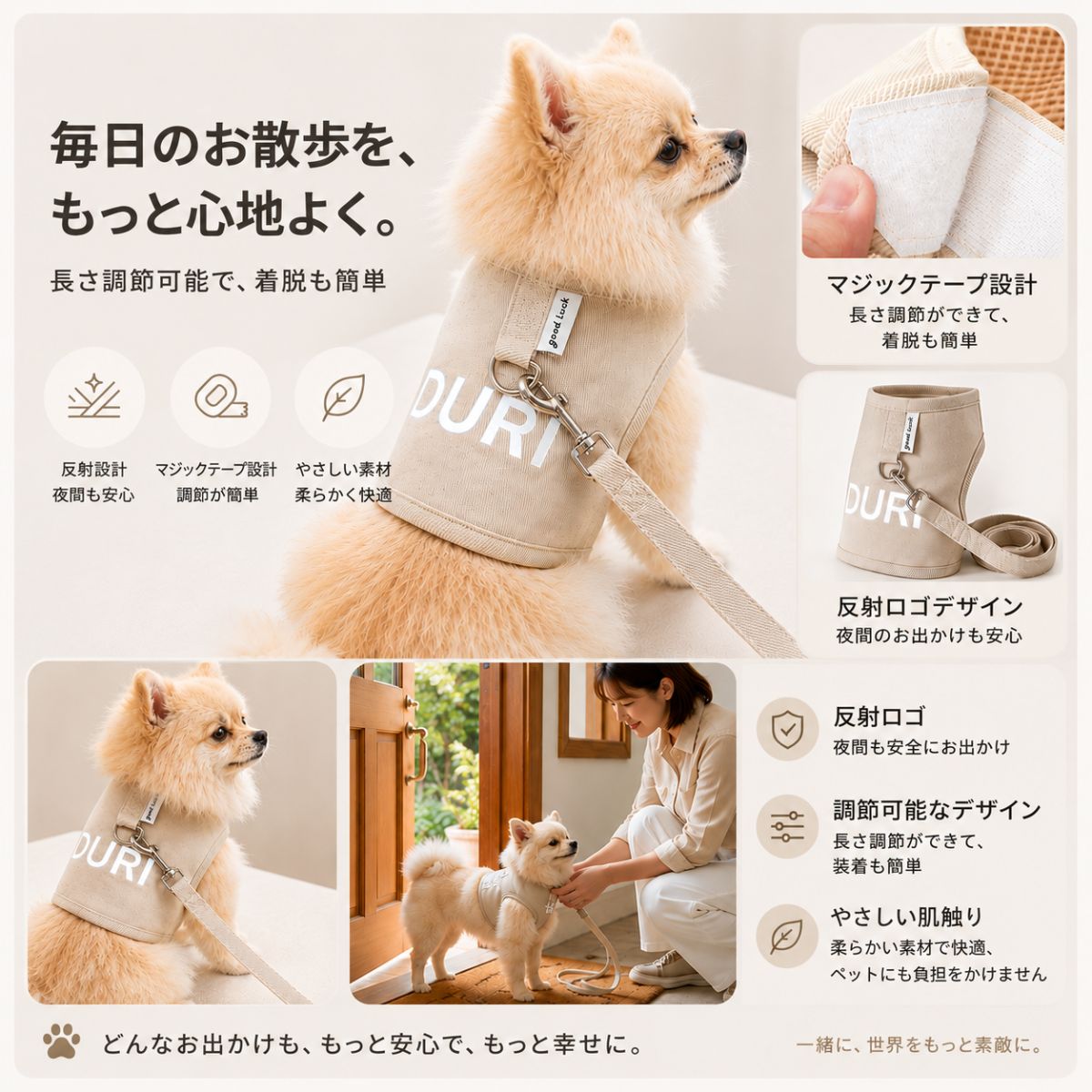 犬 ハーネス 小型犬 胴輪 リード付き 抜けにくい 簡単装着 マジックテープ サイズ調整 反射 夜 散歩 軽量 やわらかい 痛くない 負担軽減 子犬 シニア犬 チワワ トイプードル ポメラニアン おしゃれ かわいい ペット用品 送料無料 tsukune-10002973 WebShopTSUKUNE サンプル画像2