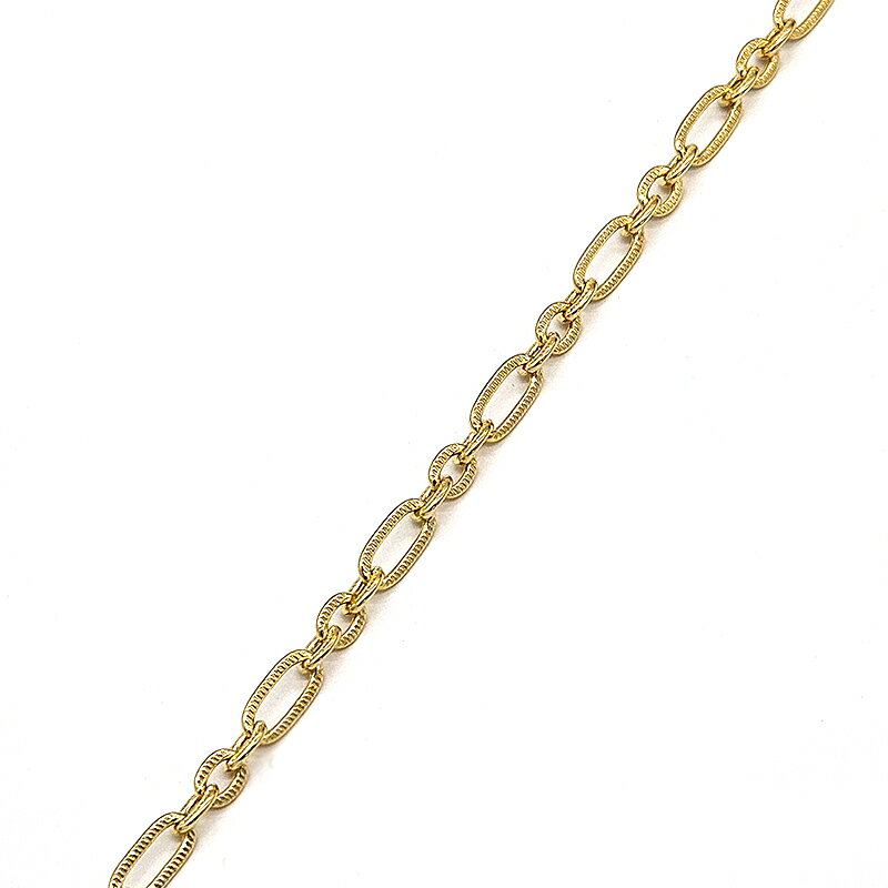 デザインチェーンです。 【サイズ】 太さ：約5mm 線径：約1mm 品番 T193 販売単位 10cm単位(切り売り) ※数量「1」の場合は「10センチ」、数量「2」の場合は「20センチ」が繋がった状態で発送します。 (チェーンの性質上、ご注文総数によっては複数に分かれた状態でお送りする場合がございます。) ご注意ください ※こちらの商品はメッキ加工に2〜3営業日お時間をいただく場合がございます。 ※金色メッキはロットによって色味が異なる場合がございます。 ※お使いのブラウザや画面設定により、商品のカラーが実際と異なって見える場合がございます。 使用用途 アクセサリーの製作、バッグの持ち手、衣装への縫い付け 等 チェーンについて こちらの商品は当店のグループ会社で独自にデザインされたチェーンです。 当店では個性的なチェーンパーツを多数取り扱っております。