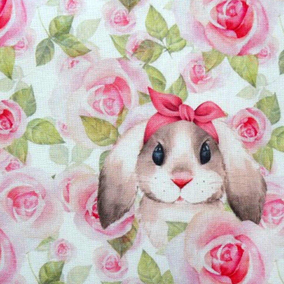 「ピンクの薔薇とリボンのうさぎ」 Gribanessa コットン100％ 綿 布 入園入学 服 手作り カバーリング ボタン 花柄 ウサギ フラワー/エレガント/動物