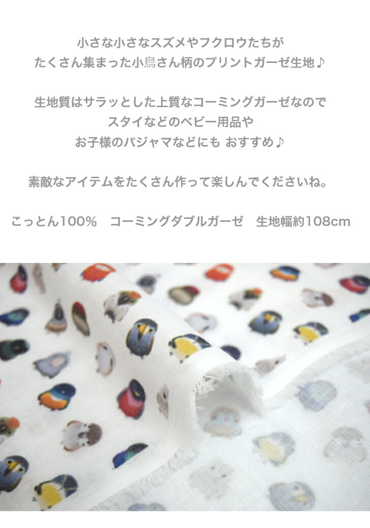 【50cm単位】【ダブルガーゼ】「小さなkotoriたち」 コットン100％ 生地 布 綿 デ...