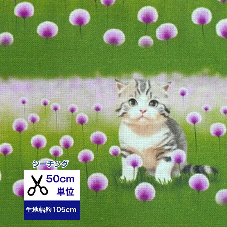 50cm単位 シーチング 蓮華畑に佇む子猫 コットン100％ 生地 マスク 手作り ハンドメイド デジタルプリント アニマル 動物 猫 ネコ ボーダー
