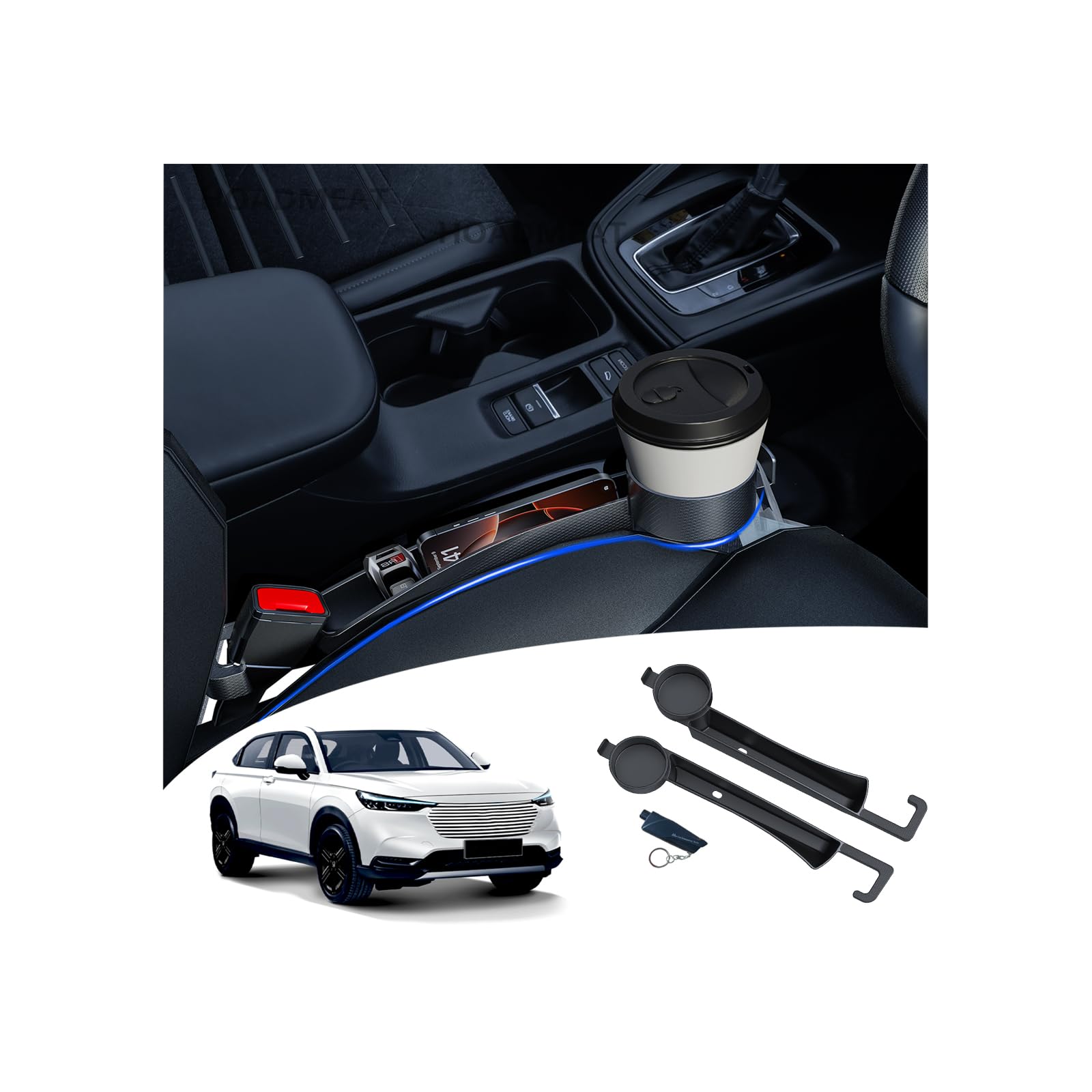 【2025改良型 ヴェゼル 隙間クッション】落下防止?市販品比 収納最深 7.5cm + カップホルダー（第 2 固定点） + フック追加 + 充電線挿す孔がある VEZEL RV3/RV4/RV5/RV6 シート隙間埋め アクセサリー (運転席?助手席計 2 個 ブラック) + 窓割れハンマー 1 つ