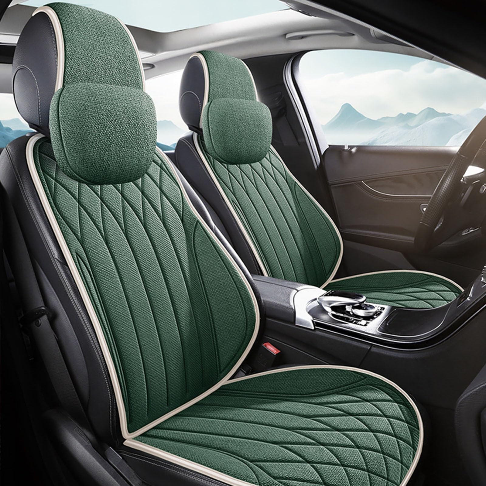 車 シートカバー に適合する スバル WRX VB系 VA系/スバル BRZ ZD8 ZC6 シートカバー 前席 シートクッション 麻素材 防塵 汚れ防止 通気性 ヘッドレスト付き お尻快適 四季通用(グリーン)