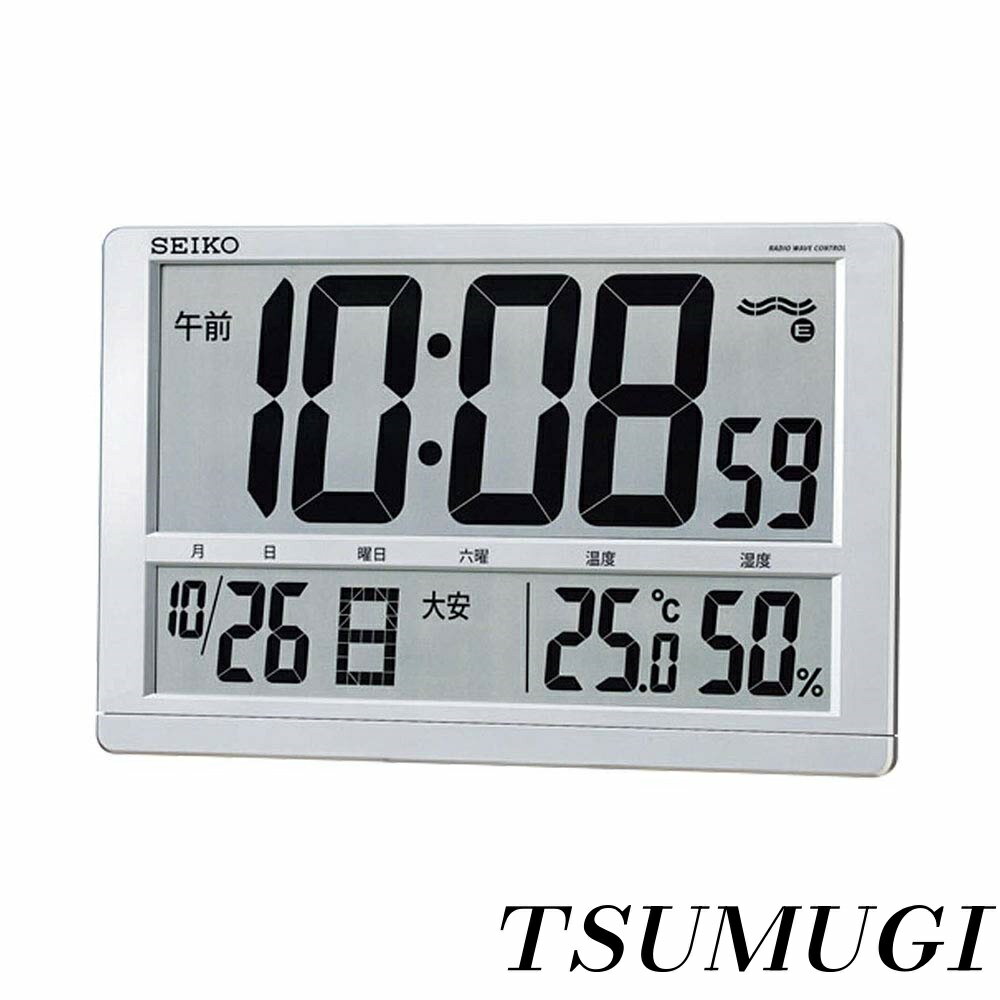 乐天商城 - 【まとめ買いで最大500円OFFクーポン!】【送料無料】Clock) セイコー クロック 掛け時計 置き時計 兼用 電波 デジタル カレンダー 六曜 温度 湿度 表示 大型 銀色 メタリック SQ433S SEIKO