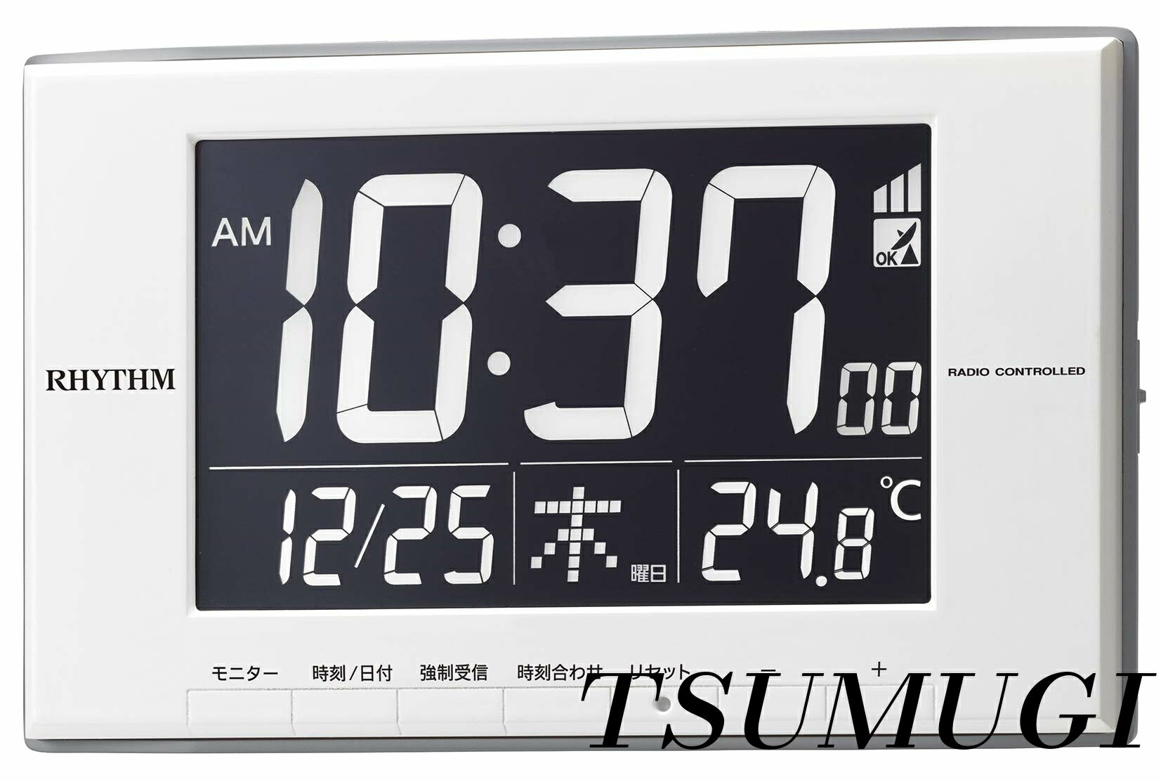 【まとめ買いで最大500円OFFクーポン!】【送料無料】目覚まし時計 電波時計 温度計 カレンダー LED ライト式 白 12x19.4x2.1cm 8RZ209SR03