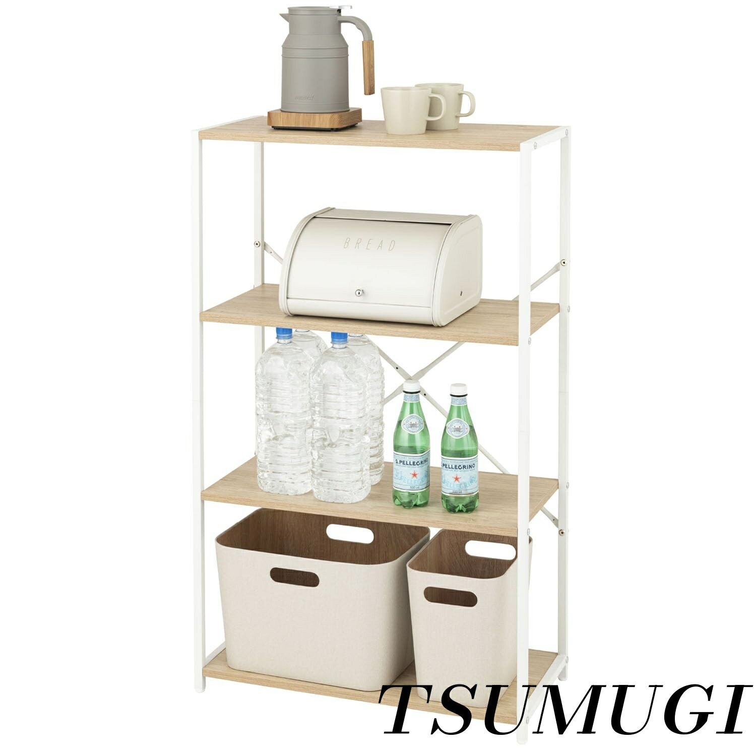 【まとめ買いで最大500円OFFクーポン!】【送料無料】すっきり収納 フリーラック ナチュラル 4段 木目×スチール 幅63.5 × 奥行30 × 高さ105.5cm SS65-4NA オープンシェルフ 北欧風デザイン 省スペース収納棚 リビング・キッチン・玄関に最適 組み立て簡単