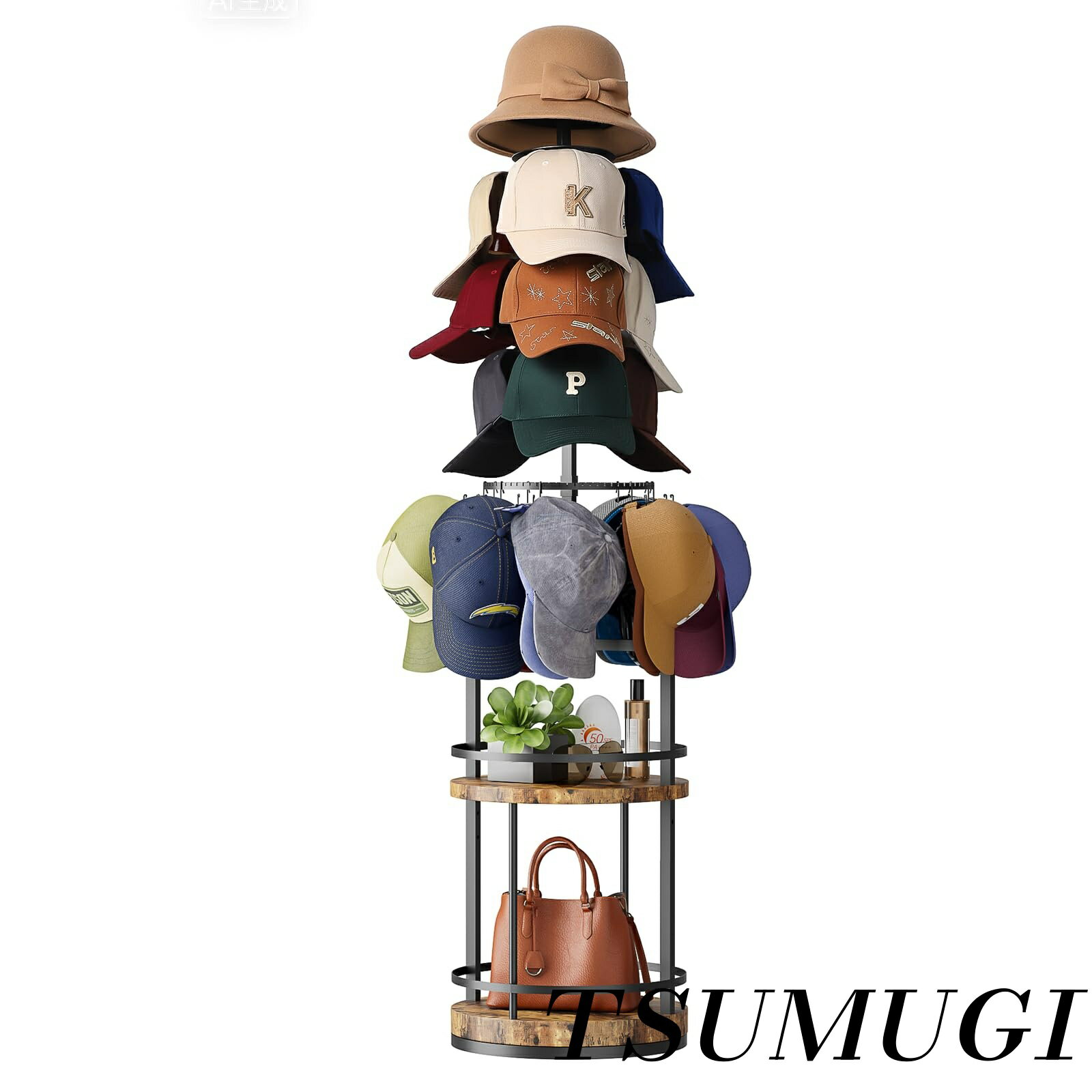 【まとめ買いで最大500円OFFクーポン!】【送料無料】360° 回転式 5 段 帽子 収納 スタンド - 大容量据え置き型帽子掛け キャップハンガー 野球帽対応 金属＆木製棚付き 150 個以上メッシュキャップ収納可能 ベンダーブース＆家庭用最適