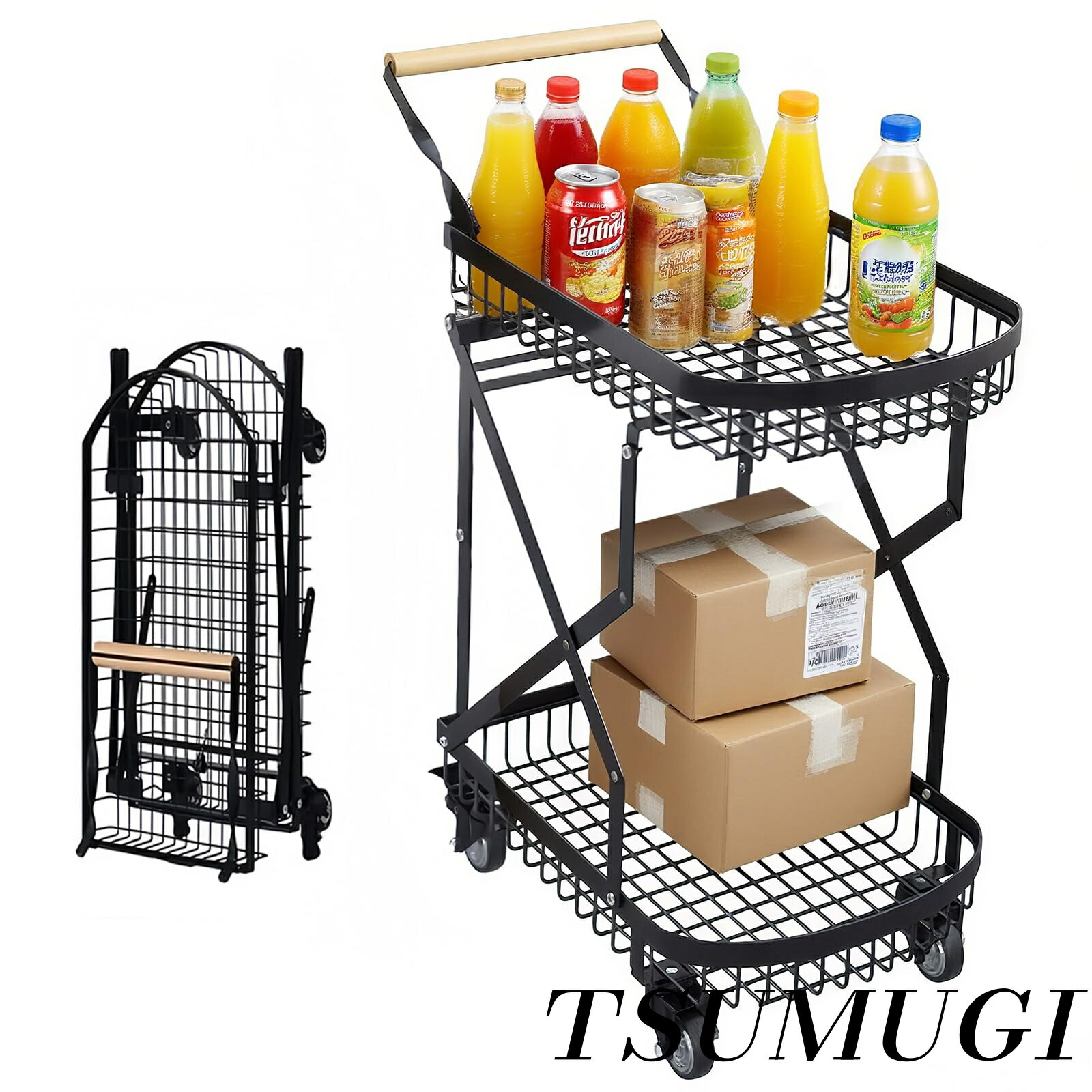 乐天商城 - 【まとめ買いで最大500円OFFクーポン!】【送料無料】耐荷重40kg キッチンワゴン ショッピングカート 折り畳み 大容量 収納力 ワイヤーカート 組立簡単 キッチンワゴン キャリーカー ト 2段 収納ワゴン ショッピング レジカート トランクに収納可能 炭素鋼 日用品 工具 多機能