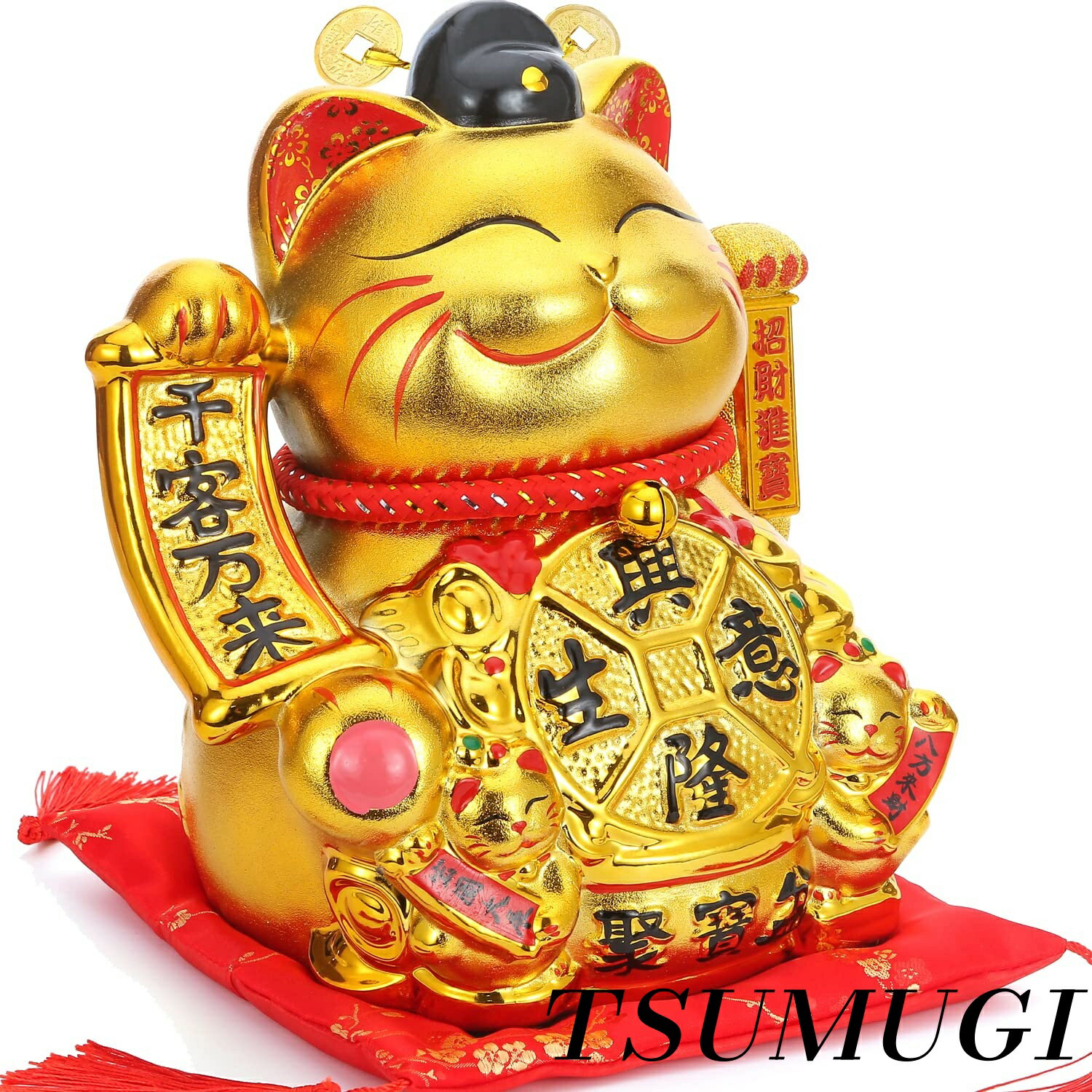 【まとめ買いで最大500円OFFクーポン!】【送料無料】黄金の電動招き猫 陶器製 大型プレミアムモデル 座布団付 電池/USB ゴールド 金色 まねき猫 手描き...