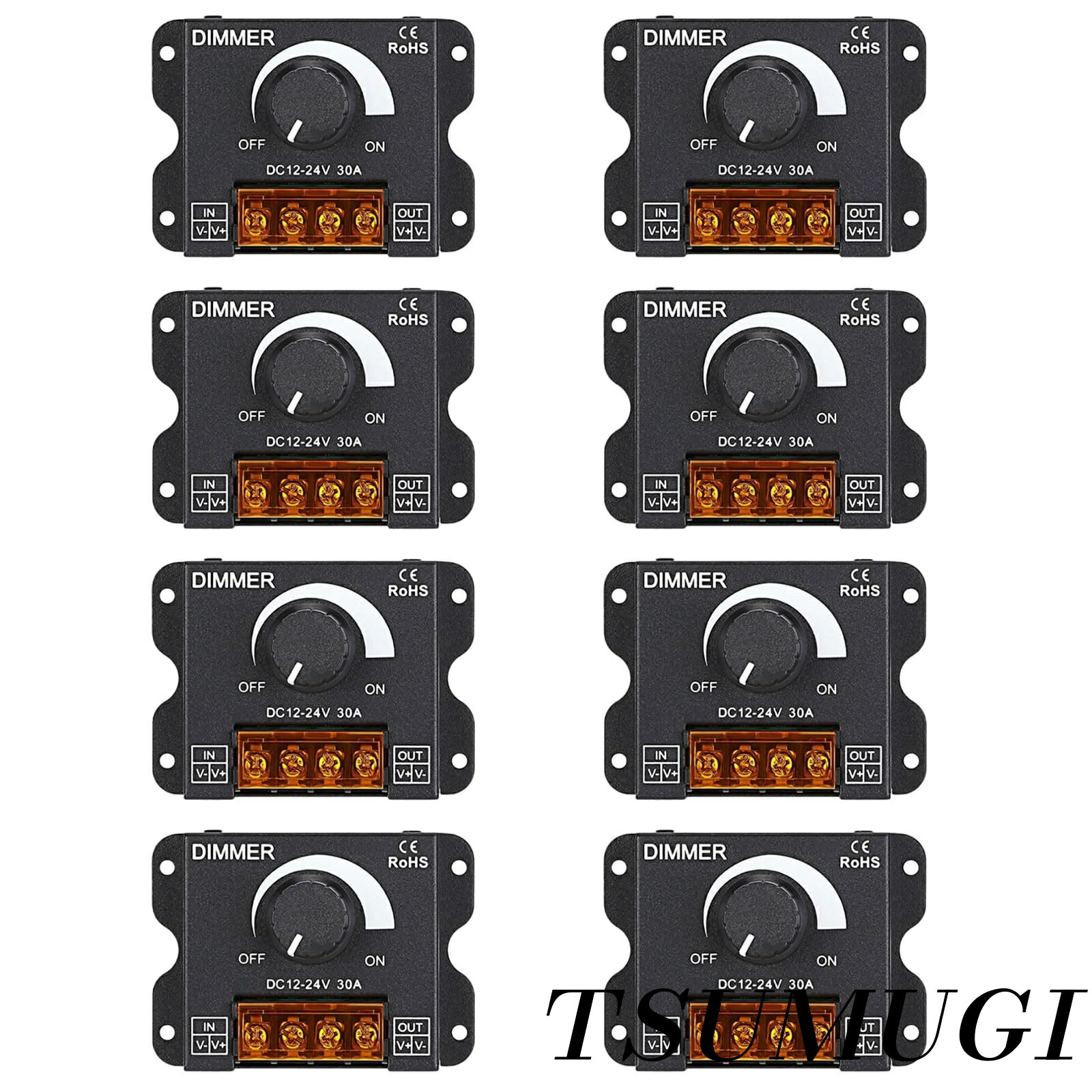高い汎用性：LED調光器は、お車の室内灯からデイライト・ダウンライトまた、室内のLEDテープライト・フロアライト、などで後付けで明るさの強弱にご利用いただけます。※防水機能はございませんので、調光器本体は室内のみでご利用ください。8個セットです。調光コントローラーの入力電圧は、DC12-24Vですので幅広い用途でご利用いただけます。（12V最大360W、24V最大720W）定格電流は30Aまでの（24v 12v 調光）となります。※12Vから24Vの範囲ないでご使用可能となりますので、100Vを直接つなぎますと故障の原因となります。調光器 12v 24v　のLED 調光器のサイズ：W86×高さ62×厚さ20mm（つまみを除く） 12v調光器、24v調光器としてご利用可能。明るさ無段階調整：調光スイッチのつまみは、大きくつまみやすく、無段階で細かい調節が可能。お部屋の明るさや雰囲気を変えたいときはもちろん、消費する電力を押させる節電対策にもご利用いただけます。ご確認ください：※主に単色のLED ライト ライトストリップ単色の5050 3528ライトストリップを調整にご利用ください。多色混合LEDランプ (RGB ストリップ/ランプ、電気スタンド、ファン、省エネランプ、電球など) には適しておりません。高い汎用性：LED調光器は、お車の室内灯からデイライト・ダウンライトまた、室内のLEDテープライト・フロアライト、などで後付けで明るさの強弱にご利用いただけます。※防水機能はございませんので、調光器本体は室内のみでご利用ください。8個セットです。 調光コントローラーの入力電圧は、DC12-24Vですので幅広い用途でご利用いただけます。（12V最大360W、24V最大720W）定格電流は30Aまでの（24v 12v 調光）となります。※12Vから24Vの範囲ないでご使用可能となりますので、100Vを直接つなぎますと故障の原因となります。 調光器 12v 24v　のLED 調光器のサイズ：W86×高さ62×厚さ20mm（つまみを除く） 12v調光器、24v調光器としてご利用可能。 明るさ無段階調整：調光スイッチのつまみは、大きくつまみやすく、無段階で細かい調節が可能。お部屋の明るさや雰囲気を変えたいときはもちろん、消費する電力を押させる節電対策にもご利用いただけます。 ご確認ください：※主に単色のLED ライト ライトストリップ単色の5050 3528ライトストリップを調整にご利用ください。多色混合LEDランプ (RGB ストリップ/ランプ、電気スタンド、ファン、省エネランプ、電球など) には適しておりません。