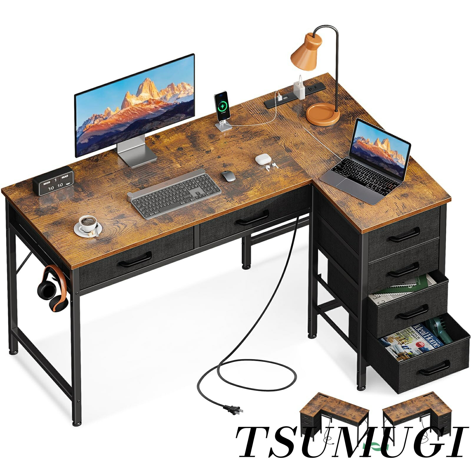【まとめ買いで最大500円OFFクーポン!】【送料無料】L字デスク パソコンデスク デスク ゲーミングデスク コンセント付き 右棚左棚 PCデスク 引き出し6杯付き 幅106cm 多層収納 頑丈フレーム 省スペース オフィスデスク 学習机 北欧風 家庭用/オフィス用 大容量収納 組立簡単