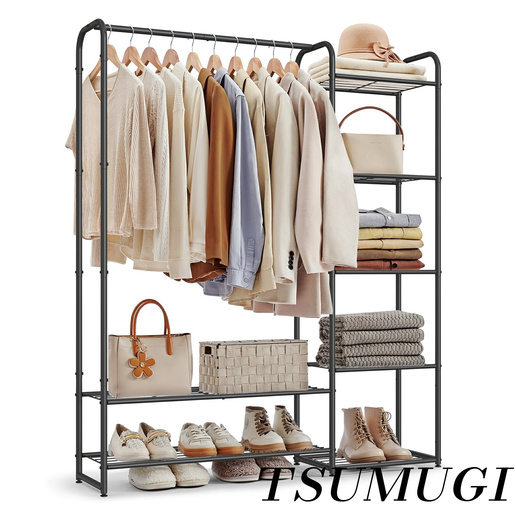 乐天商城 - 【まとめ買いで最大500円OFFクーポン!】【送料無料】ハンガーラック 洋服ラック 衣装ラック シェルフ付き コート掛け 大容量 頑丈 アジャスター付き 転倒防止ベルト付き 組立簡単 幅112x奥行き29x高さ158.4 cm ブラック LGR462B01