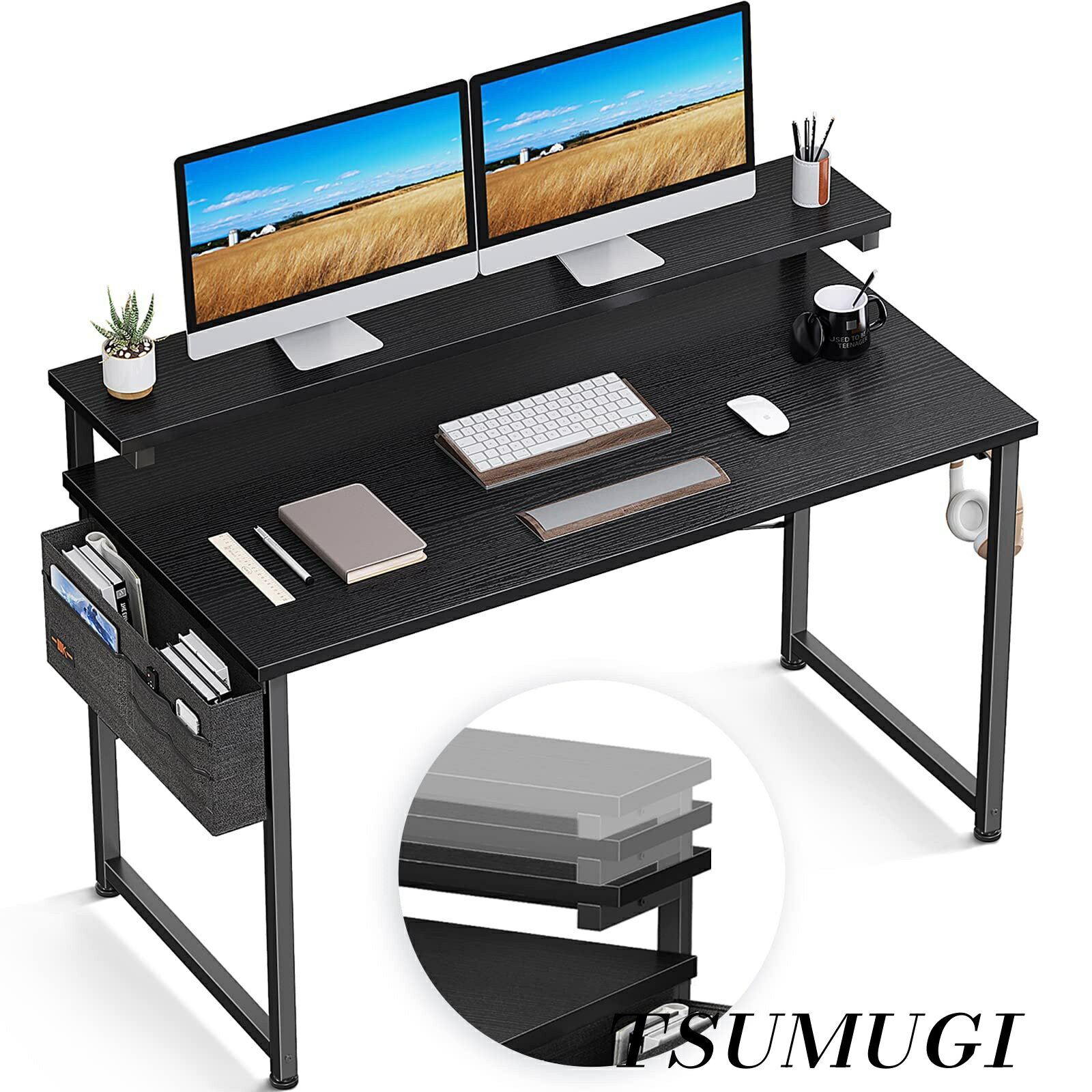 【まとめ買いで最大500円OFFクーポン!】【送料無料】デスク パソコンデスク 机 幅120cm モニター台高さ3段調整対応 収納袋付き 収納フック付き pcデスク ゲーミングデスク つくえ 在宅勤務 ワーク オフィス シンプル 勉強机 学習机 組立簡単 ブラック