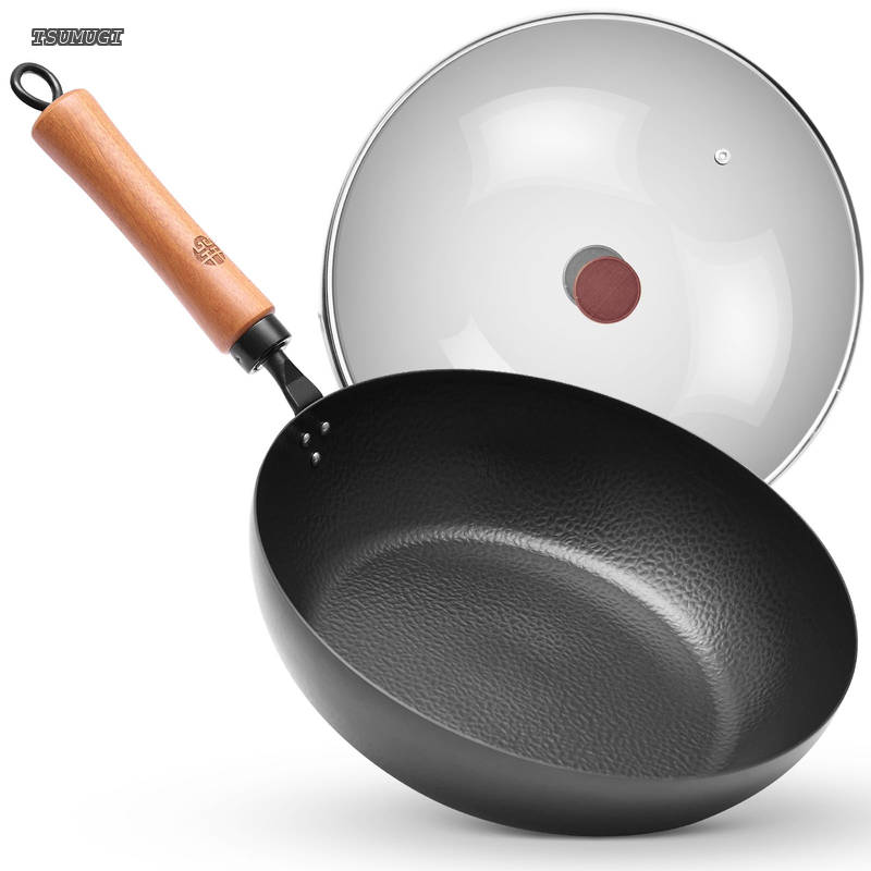 樂天商城 - 【送料無料】鉄フライパン 28cm IH ガス両用 鉄鍋 窒化鉄処理 ガラス透明蓋 耐久性 錆び防止 槌目仕上げ 天然木取っ手付き 高熱効率 手入れ簡単