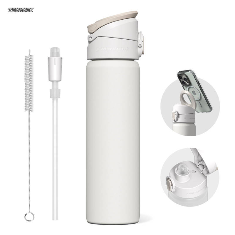 (ライノシールド) AquaStand マグネットボトル 700ml | 保温保冷 ストロー付ステンレス製水筒 ウォーターボトル MagSafe対応ハンドル付 スポーツボトル 角度調節可能な三脚 スマホスタンド 水漏れ防止 - ホワイト