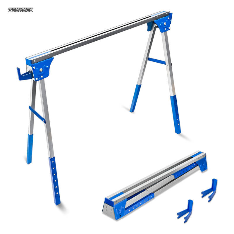 【送料無料】2台入 折り畳み 作業台 高さ調節可能 高さ72.6〜89cm(約) 耐荷重約1000LBS (453KG) フック付き 裁断 切断 DIY 日曜大工 ブルー 【2台1組】
