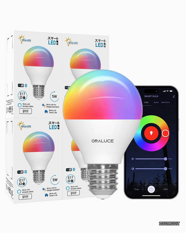 【送料無料】スマート LED電球 E17口金 40W相当 調光調色 スマートライト マルチカラー 1600万色RGB 昼白色〜電球色 Alexa/Google Home対応 ハブ不要 遠隔操作 取扱説明書付 4個入 LDA5F-E17/4P