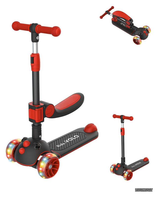 【送料無料】子供用 RideVOLO キックボード 2way三輪車 三段階高さ調整 62/74/81cm 光るLEDタイヤ 折り畳み式 シート高さ調節可能 方向変換 耐荷重50kg アウトドアに適用 おもちゃ 安定 ギフトに最適 レッド