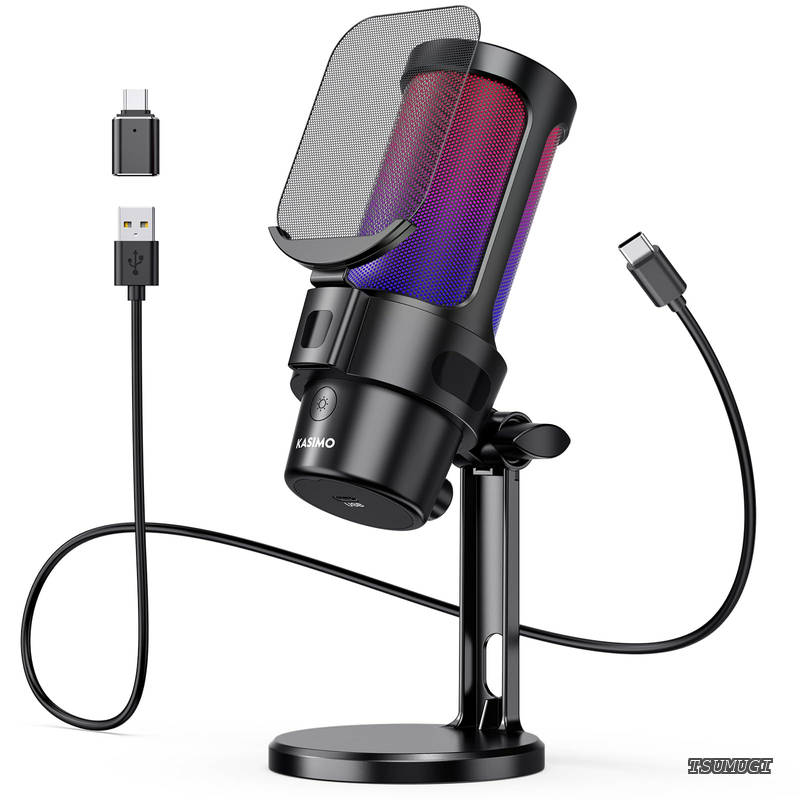 【送料無料】USB コンデンサーマイク ゲーミングマイク PC マイク RGBライティング 音量調節ミュートボタン ヘッドホン出力端子あり 単一指向性 プラグ＆プレイ YouTube Skype ゲーム実況 ライブ配信 在宅勤務 Windows/Mac/PS4/PS5対応