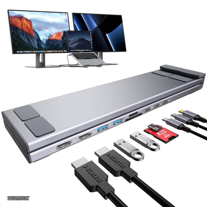 【送料無料】9-in-1 ノートPCスタンド ドッキングステーション（HDMI 4K@60Hz×2・USB A×2・USB C・SDカード最大104MB/s・TFカード・PD100W）5Gbps高速転送 折りたたみ式 アルミ合金 MacBook Pro/Air・Dell・HP・Surface・Lenovo対応 プラグアンドプレイ 在宅勤務