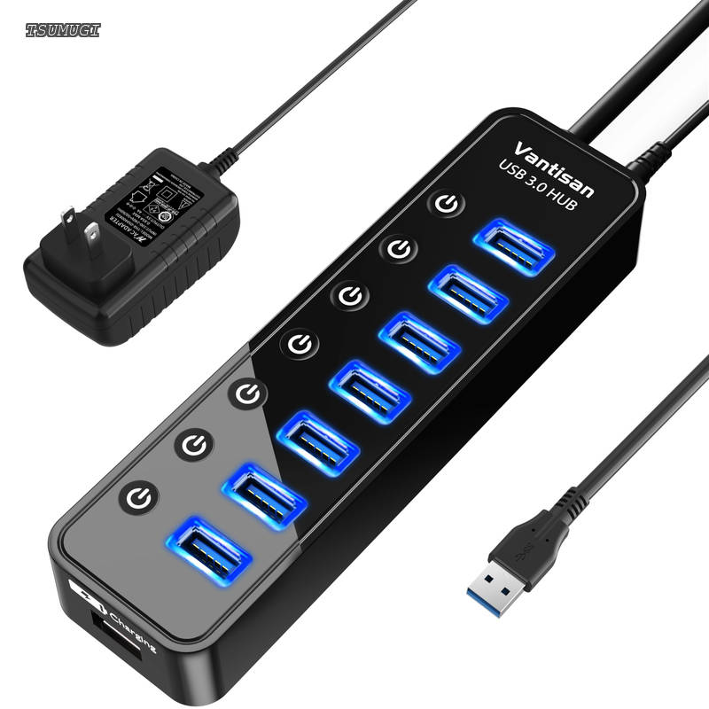 送料無料 USBハブ 電源付き USB 3.0 Hub 高速USB HUB 7ポートの 拡張+ 1充電ポート USB拡張 セルフパワー/バスパワー 独立スイッチ付 5V/4A ACアダプタ付きWindows 10 8.1 8 7 Vista XP Mac OS X 10.以上 LinuxのOSに対応