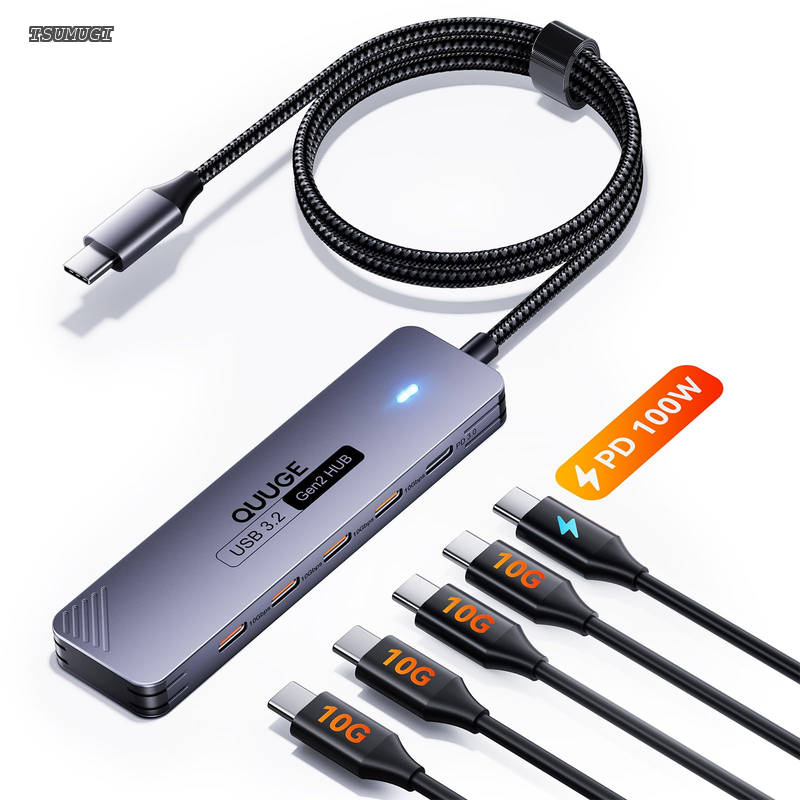 【送料無料】C ハブ 100W PD充電対応 QUUGE 5 in 1 USB 3.2 アダプター USB データポート4口 10Gbps高速転送（データポートは充電非対応 映像出力非対応）一体型編組ケーブル1m プラグアンドプレイ PC MacBook Pro Air Dell HP Samsung USB-Cデバイス対応