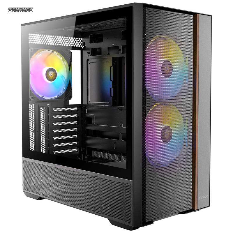 PCケース FLUX REAR ブラック フロントパネルに木材を使用、左サイドに強化ガラスパネルを搭載した冷却型ミドルタワーPCケース Antec FLUX REAR Mid Tower Case