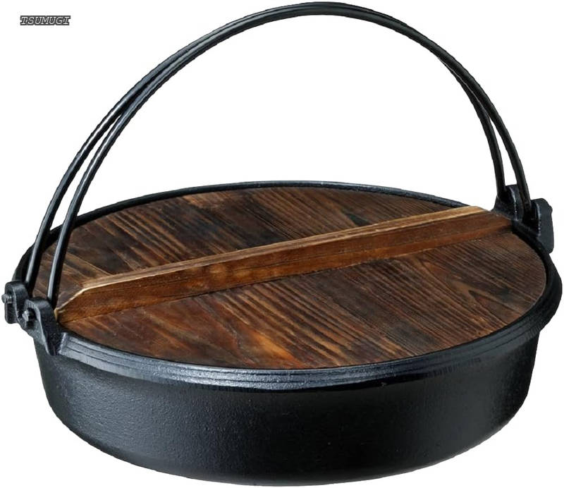 【送料無料】すき焼き鍋 木蓋付 ガス火 IH 兼用 鉄鋳物 約幅29×奥27.5×高8.5cm 黒