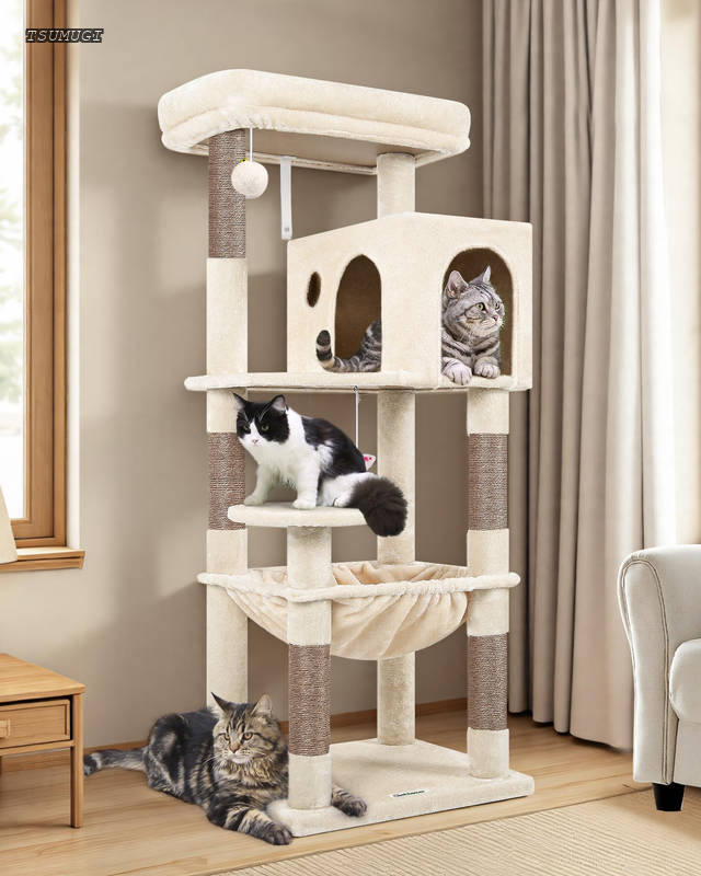 Globlazer 猫タワー ねこタワー 据え置き コンパクト キャットタワー 隠れ家 ハンモック 天然麻紐 爪研ぎ棒 見晴台 ポンポンおもちゃ 転倒防止ベルト付き 安定 頑丈 子猫 中型猫 猫ベッドカバー取り外し可能 運動不足解消 ストレス解消 省スペ