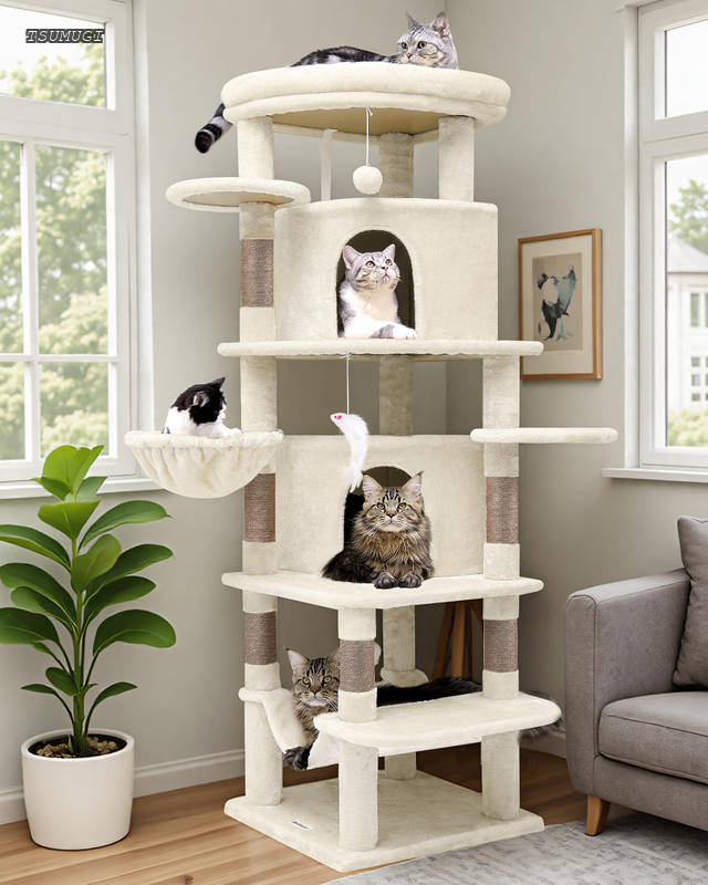 Globlazer キャットタワー 超スリム 猫タワー 大型猫用 多頭飼い キャットハウス 2つ大型トッププラットフォーム ハンモックハンギングバスケット 天然麻の爪とぎポスト ネズミのおもちゃポンポンおもちゃ2つ 固定式 省スペース ミニマリスト