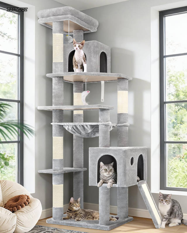 Globlazerコーナー キャットタワー 超スリム 省スペース 大型猫用 多頭飼い きゃつとタワー 付い2つキャットハウス 大きな屋上展望台 柔らかい特大ハンモック 天然麻紐の猫の爪とぎボード 複数猫の爪とぎポスト 玩具ぬいぐるみボール 省スペー