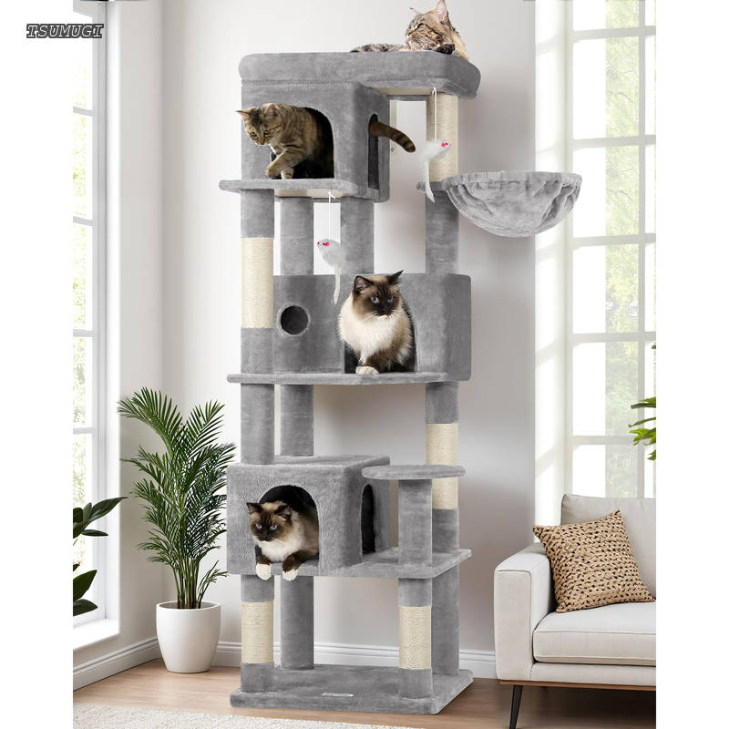 Globlazer キャットタワー 多頭飼い 大きな猫や 超スリム 据え置き型 省スペース キャットハウス3つ付き 隠れ家 柔らかい吊り下げバスケット 上部の見晴台 天然麻紐爪とぎ ぬいぐるみのネズミのおもちゃ 転倒防止ストラップ 強い安定性 簡単に