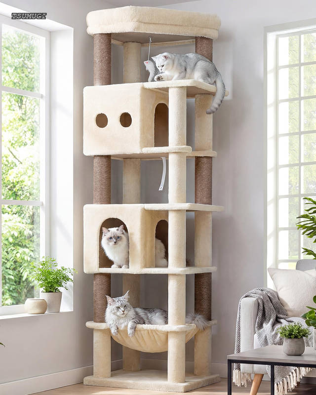 Globlazer キャットタワー ベージュ 大型猫用 省スペース 隅に置く 猫タワー 取り外し可能なクッション付きの展望台 2つ広々としたの猫ハウス 特大のハンモック 厚くなったベースプレート 6つ天然麻紐爪とぎ ぬいぐるみのネズミ2個 転倒しにく