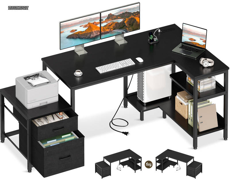 【送料無料】ゲーミングデスク 引き出し2杯 パソコンデスク コンセント付き l字デスク 棚付き デスク 机 幅160 pcデスク desk 収納 オフィスデスク 在宅勤務 仕事用 組立簡単 ブラック