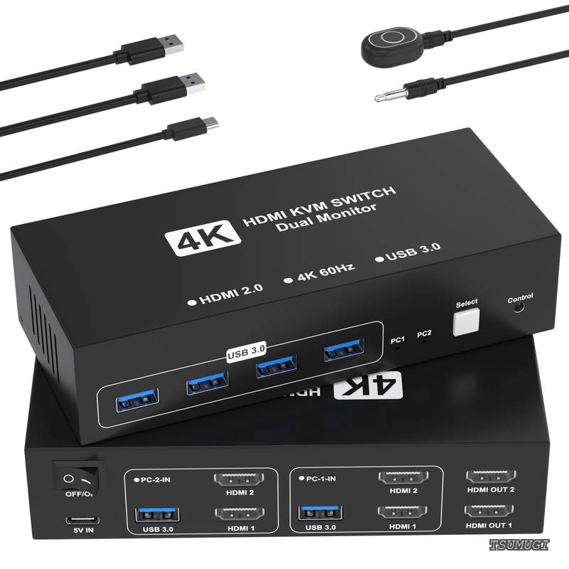 【送料無料】HDMI 2入力2出力 4K@60Hz HDMI KVM 切替器 パソコン2台モニター2台切り替え 4つのUSB 3.0ポート キーボード/マウス/プリンター/他のデバイス対応 ディスプレイ切替器 PC 切替機 USB 切替機HDMI セレクター USB3.0ケーブル/手元スイッチ/電