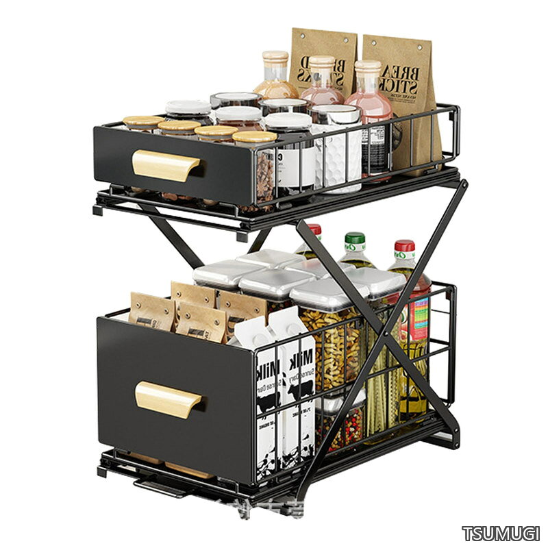 送料無料 2段、スライド式収納ラック、シンク下 収納、幅26CM 奥行き40cm ハンドル含む43.5cm 高さ32.5-43.5CM 設置不要の調味料 収納ラック多機能オイルボトル引き出し収納アーティファクトキャビネット収納棚 ブラック