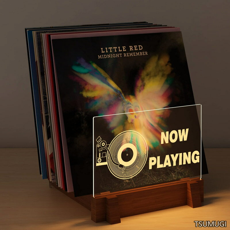 Now Playing レコードスタンド レコード収納 レコード展示棚 木製 アクリル製 LEDランプ 卓上収納 デスク USB電源付き イルミネーションLEDディスプレイ